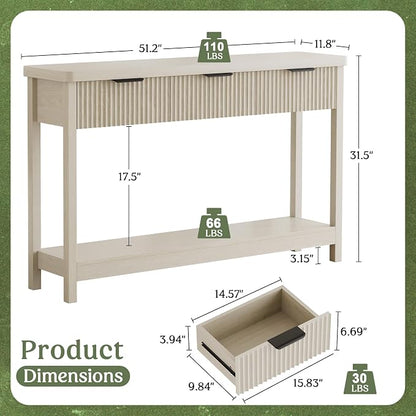 Lulive Fluted Console Table, 51 Inch Entryway Table with 3 Drawers | Scandi farmhouse look with quiet full-extension slides, open lower shelf, profile for hallway, entry, foyer or behind sofa.