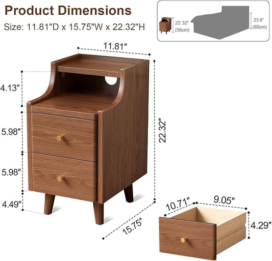 Narrow Nightstand with 2 Drawers,Walnut Nightstand,Bedside Table,Solid Wood Modern Bedside Table for Bedroom,Study,Toilet
