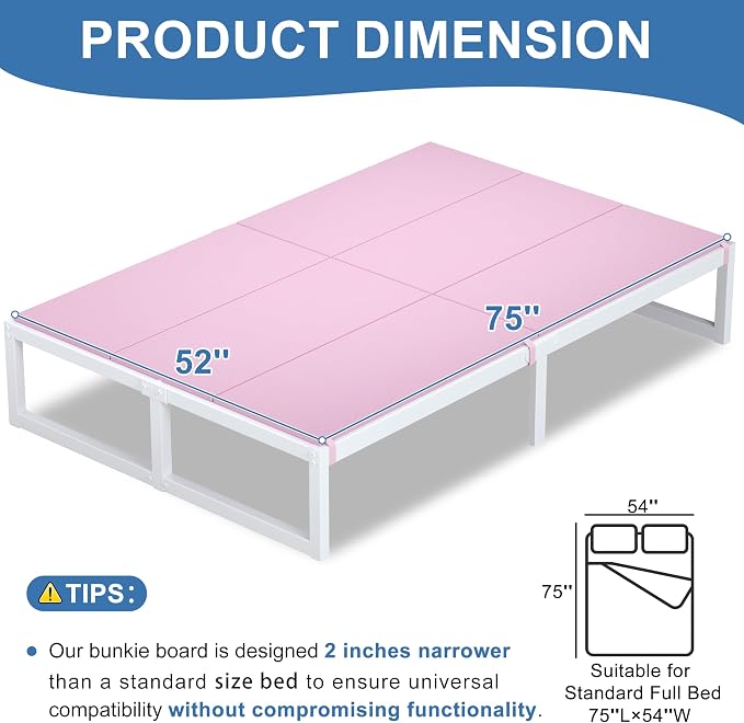 Lutown-Teen Bunkie Board Full Under Mattress High-Density Polymer Full Size Bunkie Board Anti-Sag, Breathable, Moisture Resistant, Noise Minimizing, Pink