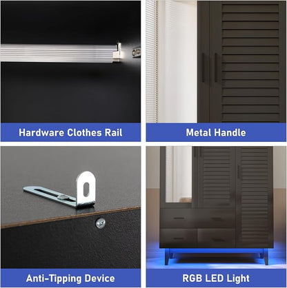Hlivelood 3 Door Armoire Wardrobe Closet Cabinet with Drawers and LED Lights, Multi-Tier Shelves, Hanging Rod & 3 Louver Doors, Large Capacity Storage Wardrobe Armoire for Bedroom, Black