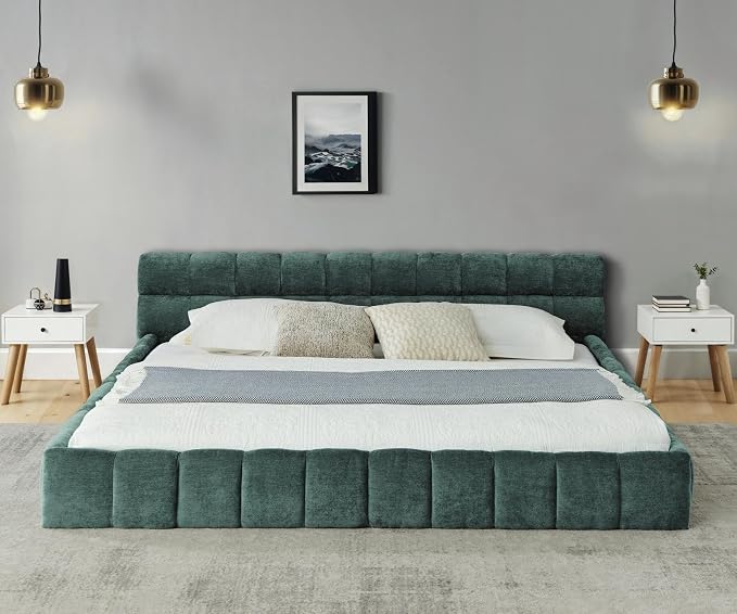 KEIKI California King Thick Chenille Platform Bed Frame with Upholstered Tufted Headboard, Modern Solid Wood Floor Platform for Bedroom, No Box Spring Needed