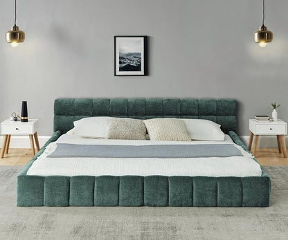 KEIKI California King Thick Chenille Platform Bed Frame with Upholstered Tufted Headboard, Modern Solid Wood Floor Platform for Bedroom, No Box Spring Needed