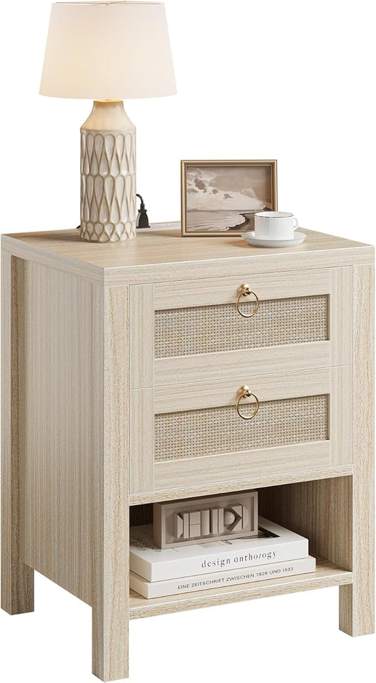 Rattan Night Stand with Drawers - Boho Nightstand with Charging Station, Bedside Table with Storage Shelf, Accent Side Table End Tables Living Room, Wood Nightstands for Bedroom, White Oak