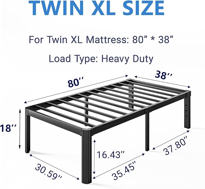 18 Inch High Platform Twin XL Bed Frames No Box Spring Needed, Metal Twin XL Bed Frame, Noise Free, Easy Assembly, Heavy Duty, Black