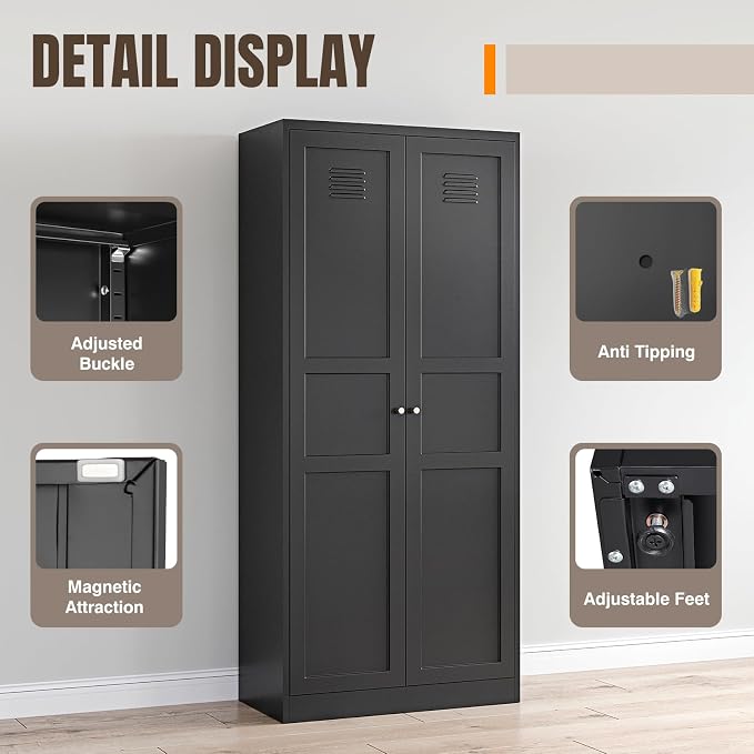 Yizosh Metal Storage Cabinet with 2 Doors and 5 Adjustable Shelves - 71" Black Kitchen Pantry Storage Cabinet, 5-Tier Tall Steel Cabinet Locker for Kitchen, Living Room, Dining Room