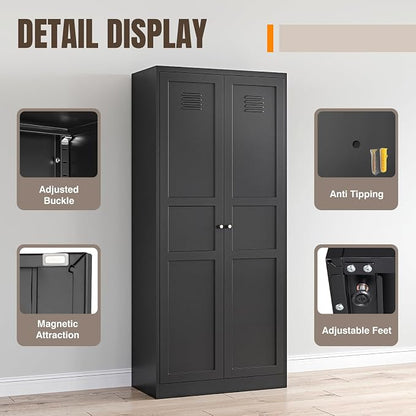 Yizosh Metal Storage Cabinet with 2 Doors and 5 Adjustable Shelves - 71" Black Kitchen Pantry Storage Cabinet, 5-Tier Tall Steel Cabinet Locker for Kitchen, Living Room, Dining Room