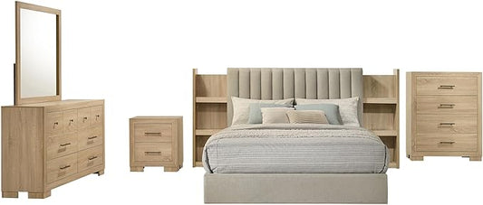 Coaster Home Furnishings - Arielle - Wood - 5-Piece Bedroom Set with Storage Bed, Channel-Tufted Headboard, Bookcase Panels and Transitional Style - Bedroom - Queen Size - Light Oak - 223111Q-S5