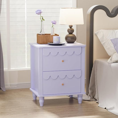 Anbuy Purple End Table Set of 2 with Petal Pattern, Modern Night Stand Set 2 with 3 Drawers for Bedroom, Side End Table Scalloped Bedside Night Tables with Solid Wood Legs