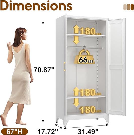 UNICOLY Armoire Wardrobe Closet with Doors, 71'' Wardrobe Cabinet with Hanging Rod, Metal Closet with 2 Adjustable Shelves for Bedroom School, Employee, Gym, Armarios De Ropa para Dormitorio, White
