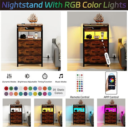 SZLHANJZ End Table with Charging Station, Nightstand with LED Lights and 3 Drawers, Small Night Stand with Fabric Storage, Retro Side Table for Bedside, Living Room Dorm, Rustic Brown