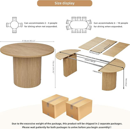 43-95 Inch Oval Extendable Dining Table for 4-10, Fluted Space Saving Round Kitchen Table with 3 Leaf, 2 Storage, Mid Century Modern Long Dining Room Dinner Table for Living Room, Oak, Natural