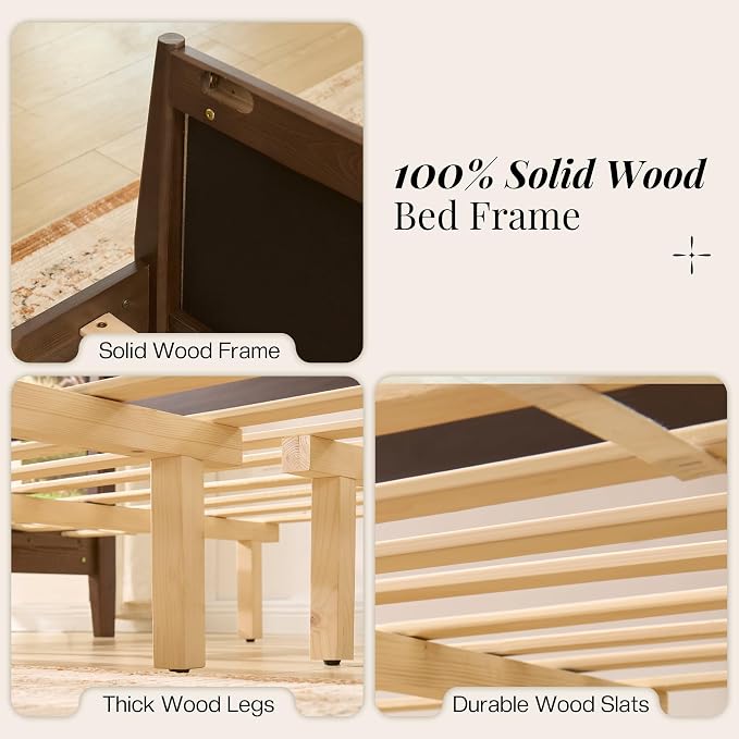 Jocisland 58" Tall Solid Wood Queen Bed Frame with Upholstered Headboard & Footboard, Wooden Platform Bedframe, No Box Spring Needed, Easy Assembly, Modern Farmhouse Style, Dark Walnut