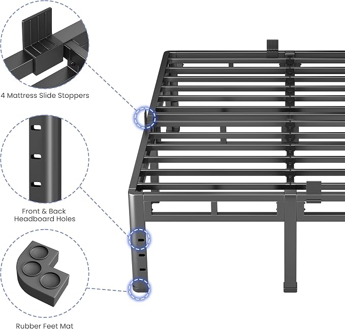 NKZ 18 Inch Queen Size Metal Bed Frame & Box Spring 2 in 1 Platform with Round Corner Legs, 4000Lbs Heavy Duty, Mattress Slide Stopper, Headboard Hole, Noise-Free, Easy Assembly