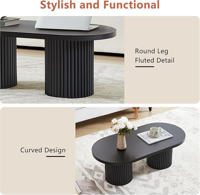 Small Fluted Coffee Table, Farmhouse Oval Wood Coffee Table Mid Century Modern Center Table Boho Living Room Tables for Living Room, Black
