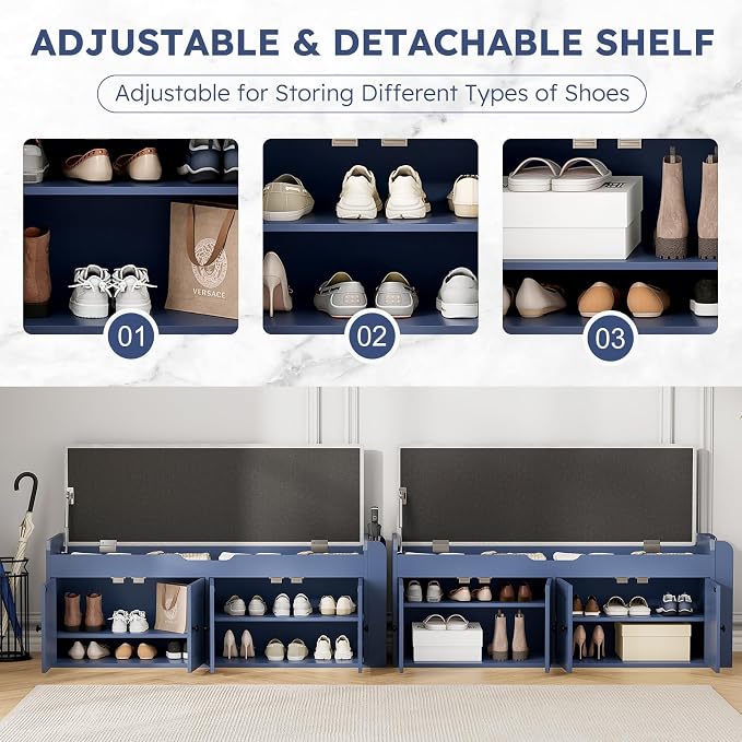 47.2" Storage Bench - Entryway Shoe Bench with Side Storage Shelves and 4 Doors, Multifunctional Entryway Bench with Lift Top Cushion, Shoe Storage Bench for Bedroom, Living Room, Navy Blue