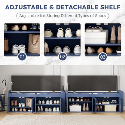 47.2" Storage Bench - Entryway Shoe Bench with Side Storage Shelves and 4 Doors, Multifunctional Entryway Bench with Lift Top Cushion, Shoe Storage Bench for Bedroom, Living Room, Navy Blue