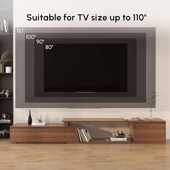 homary Media Console Walnut, Extendable TV Stands for Living Room, Minimalist Entertainment Center with 3 Drawers, Adjustable TV Stand for Up to 110 Inch TVs
