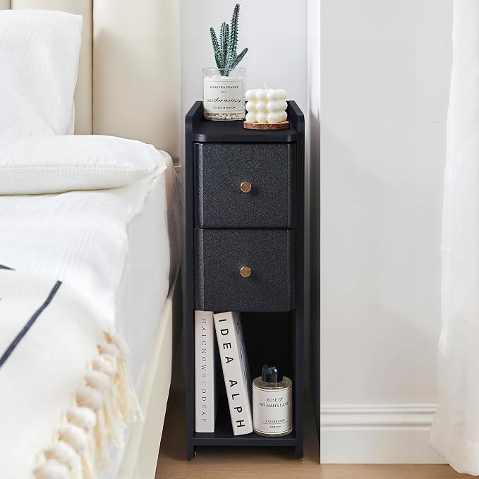 Narrow Nightstand Set of 2, Wooden Small 2 Drawer Nightstand, Slim Side End Table, Skinny Bedside Table, Mid Century Modern Night Stand with Drawers for Bedroom (Black-2 pcs)