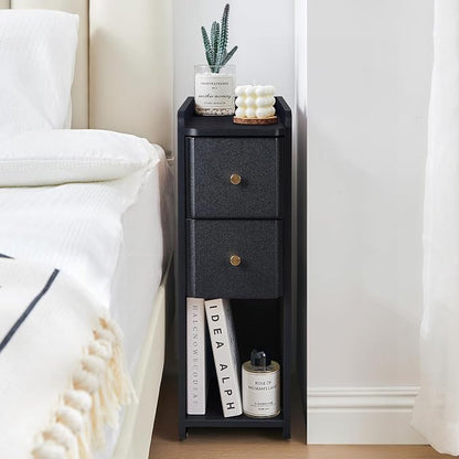 Narrow End Table Bedroom, Wooden Small 2 Drawer Nightstand, Thin Couch Side End Table, Skinny Bedside Table Small Spaces, Mid Century Modern Night Stand with Drawers (Black-1 pc)