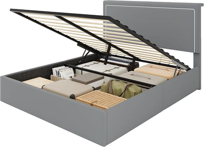 SHA CERLIN Queen Size Hydraulic Lift-Up Storage Platform Bed Frame with Charging Station, RGB LED Lights, Adjustable Velvet Headboard, USB-A and USB-C Ports, No Box Spring Needed, Grey