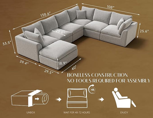 ohllob Oversized Cloud Couches for Living Room, Boneless Sectional Couch with Ottoman, 7 Seater Large Modular Sectional Sofa, Light Grey