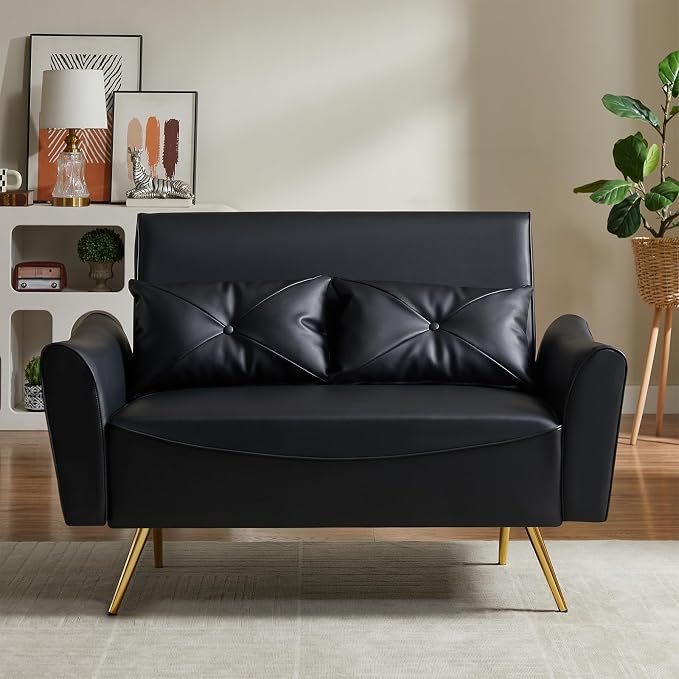 Brelice 47" Faux Leather Loveseat Sofa, Modern Small Couch for Small Space with 2 Pillows, 2 Seater Couch for Living Room, Bedroom, Office, Apartment (Black)