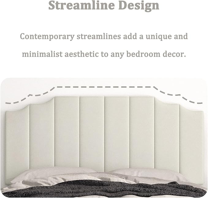 Befurtori Queen Size Headboard Only, Velvet Wall Mounted Headboard Queen/Full Size for Adjustable Bed, Modern Vertical Channel Design with Curved Tufted Upholstered Head Board, Cream