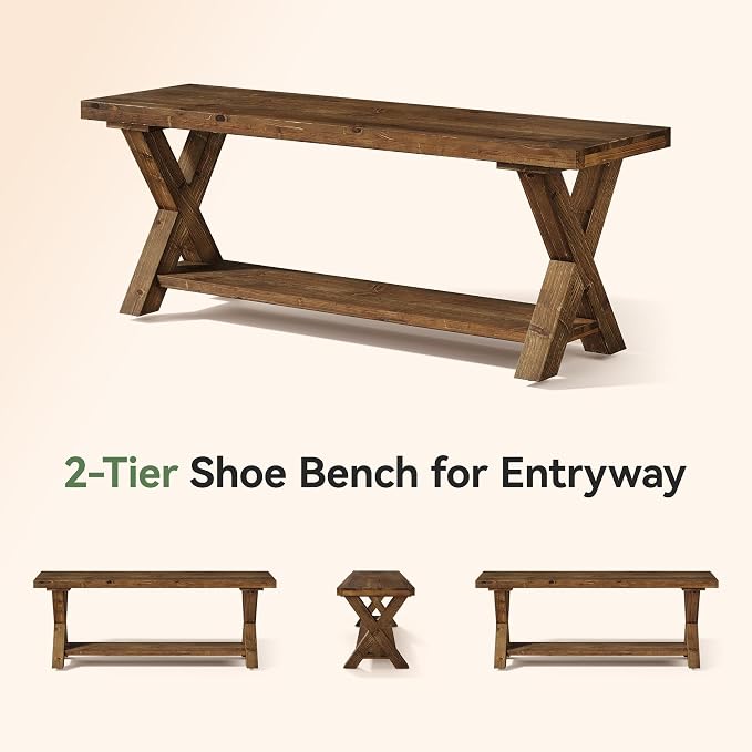 43.3" Solid Wood Bench, Farmhouse Wooden Entryway Bench with Storage Shelf, X-Shaped Leg Design, Entry Way Shoe Benches Seat for Hallway, Kitchen, Bedroom, Living Room