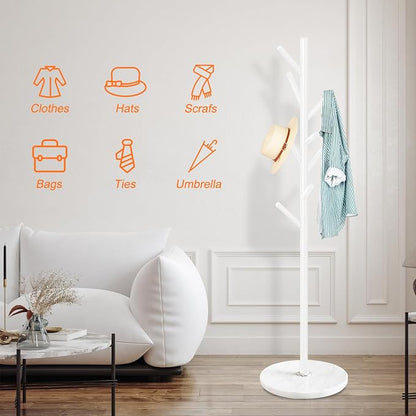 ZOZOE Metal Coat Rack Freestanding, Metal Coat Rack Stand with Natural Marble Base, Modern Coat Racks with 8 Hooks, White Coat Tree Hanger Stand for Jacket, Bag, Entryway, Office