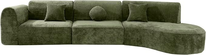 Merax 3-Piece 140" Sectional Modular Sofa Set, 4 Seat Curved Modern Cloud Couch with Chaise Lounge, 3 Pillows, Fully Assembled High-Density Compressed Sponge for Living Room, Green