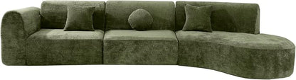Merax 3-Piece 140" Sectional Modular Sofa Set, 4 Seat Curved Modern Cloud Couch with Chaise Lounge, 3 Pillows, Fully Assembled High-Density Compressed Sponge for Living Room, Green