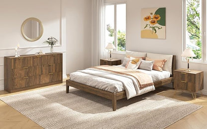 7 Drawer Dresser and Nightstand Sets, 3 Pcs Bedroom Set for Bedroom, Fluted Night Stand Set of 2 & 55" Wide Dresser w/Gold Handles, Mid Century Wood Chest of Drawers Storage Set, Walnut