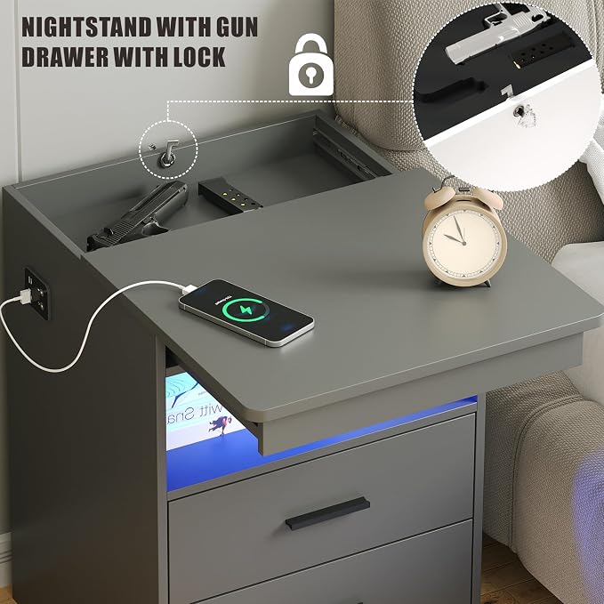 Night Stand Set of 2, Charging Bedside Table with USB & Type-C Port, LED Night Stand with Human Sensor Light, Modern End Table with Gun Drawers for Bedroom Office, Grey