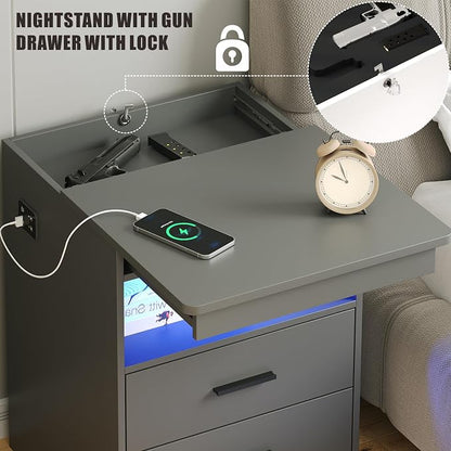 Night Stand Set of 2, Charging Bedside Table with USB & Type-C Port, LED Night Stand with Human Sensor Light, Modern End Table with Gun Drawers for Bedroom Office, Grey