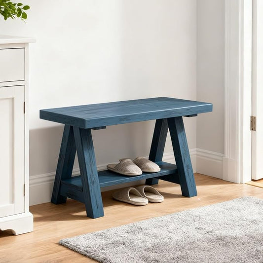 Farmhouse Wood Bench, Rustic Indoor Storage Bench Solid Wood Entryway Bench with Shoe Storage 2-Tier Narrow Bench Seat Indoor for Entryway, Living Room, Dining Room, Hallway, Blue