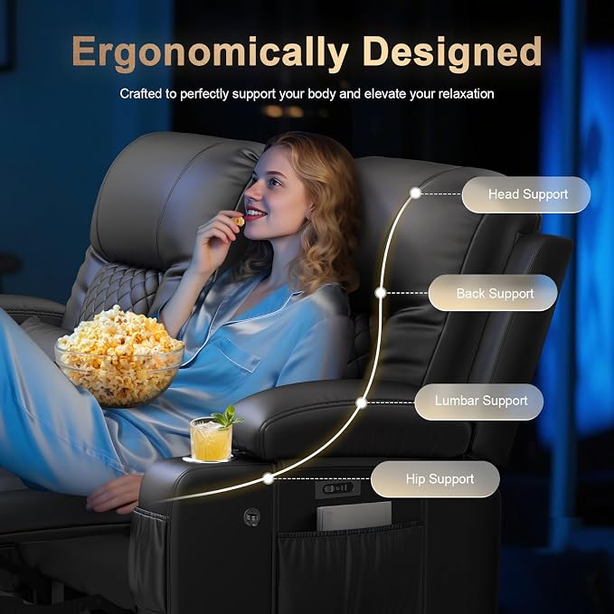 Power Loveseat Recliner Sofa, Electric Reclining Loveseat Couch with Console, Home Theater Seating with Bluetooth Speaker & LED Light, Zero Wall Hugger RV Sofa Furniture with Built-in Outlet & Storage