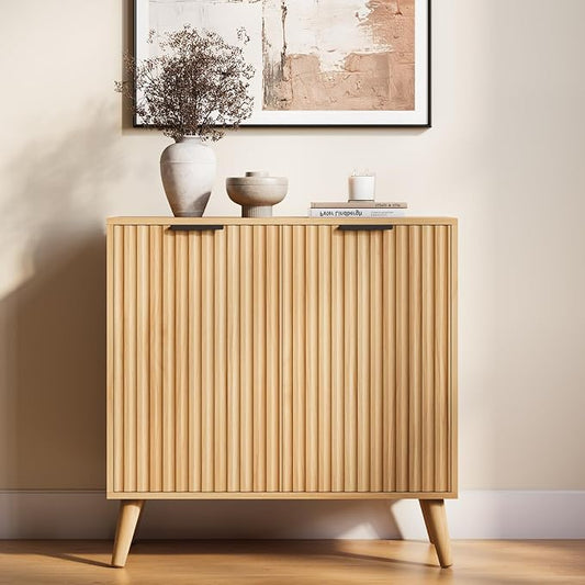 Fluted Sideboard Buffet Cabinet with Storage, 2 Doors Modern Sideboard Cabinet for Living Room, Wood Coffee Bar Cabinets with Adjustable Shelves Accent Credenza for Kitchen, Entryway, Natural