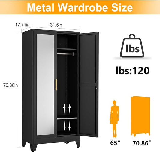 Ckzbx 71" H Metal Armoire Wardrobe Closet with Mirror,Adjustable Shelve, Clothes Drying Pole, Steel Wardrobe Cabinet for Bedroom (Black)