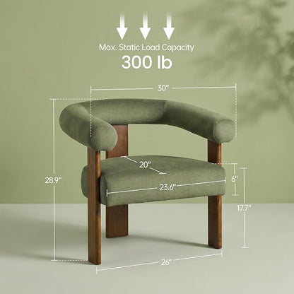 VKNOW Accent Chairs Set of 2, Living Room Chairs with Walnut Legs, Green | Mohair-type Fabric, Barrel Back, Armrests, For Adults and Family, Living Room, Bedroom, Vanity, No Wobble, Easy Assembly