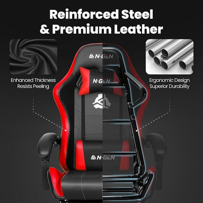 N-GEN GAMING Video Gaming Chair with Footrest Lumbar Support for Home Office High Back Recliner Height Adjustable Ergonomic Comfy Leather Computer Desk Chair (Red)