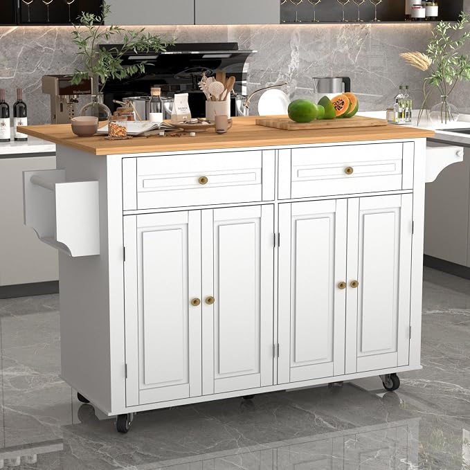 51 Kitchen Island Cart with Drop Leaf Breakfast Bar, Rolling Mobile Kitchen Island Table on Wheels with Storage Cabinet, Drawer, Spice/Towel Rack, White