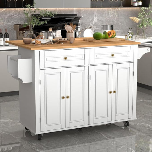 51 Kitchen Island Cart with Drop Leaf Breakfast Bar, Rolling Mobile Kitchen Island Table on Wheels with Storage Cabinet, Drawer, Spice/Towel Rack, White