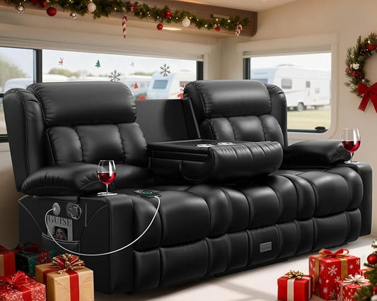 Loveseat Recliner Sofa with Flip Backrest Design, 3 Seat RV Recliner Sofa with USB Ports & Pockets, Wall Hugger Reclining Loveseat with Cup Holders & Drawer, RV Couch for Home Theater Seating