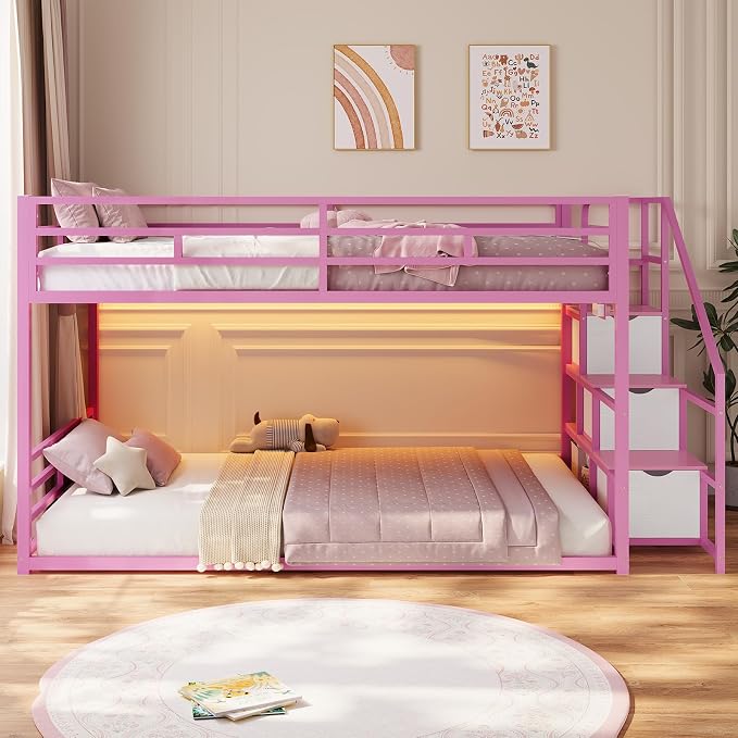 ADORNEVE Low Bunk Bed Twin Over Twin with Storage Stairs, Drawers & Shelves, RGB LED Lights Metal Floor Bunk with Power Outlet, Full-Length Guardrail & Metal Slats, for Small Space, Kids, Pink