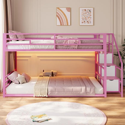 ADORNEVE Low Bunk Bed Twin Over Twin with Storage Stairs, Drawers & Shelves, RGB LED Lights Metal Floor Bunk with Power Outlet, Full-Length Guardrail & Metal Slats, for Small Space, Kids, Pink