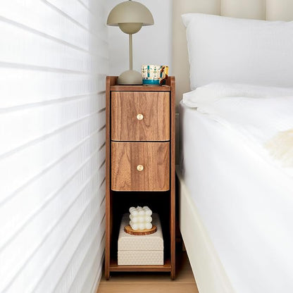 Narrow End Table Bedroom, Wooden Small 2 Drawer Nightstand, Thin Couch Side End Table, Skinny Bedside Table Small Spaces, Mid Century Modern Night Stand with Drawers (Walnut-1 pc)