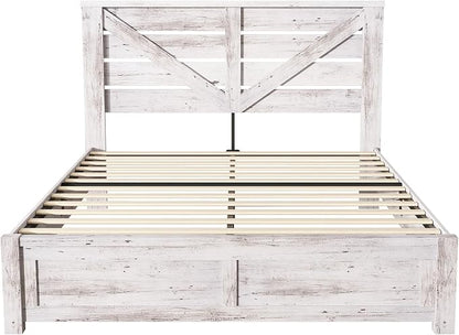 AMERLIFE Queen Size Bed Frame with 49.2" Barn Door Headboard and Footboard, Farmhouse Platform Bed Frame with Wood Slats, No Box Spring Needed, Under Bed Storage, Distressed White