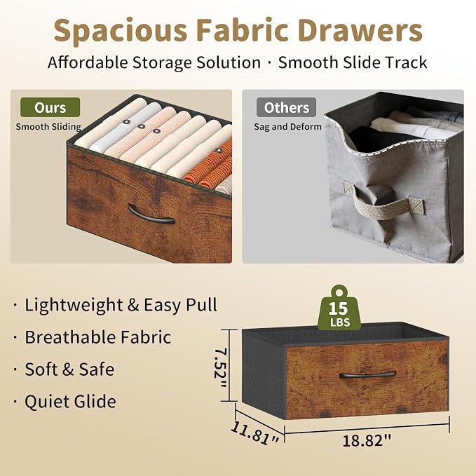 Dresser for Bedroom with 6 Drawers, Small Fabric Dresser for Kids Bedroom, Chest of Drawers, Storage Organizer Dresser for Closet, Nursery, Dorm, Apartment, TV Stand, Wood Top Side Hooks, Rustic Brown