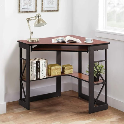 VECELO Corner Computer Desk 41 x 30 inches with Smooth Keyboard & Storage Shelves for Home Office Workstation, Teakwood Brown