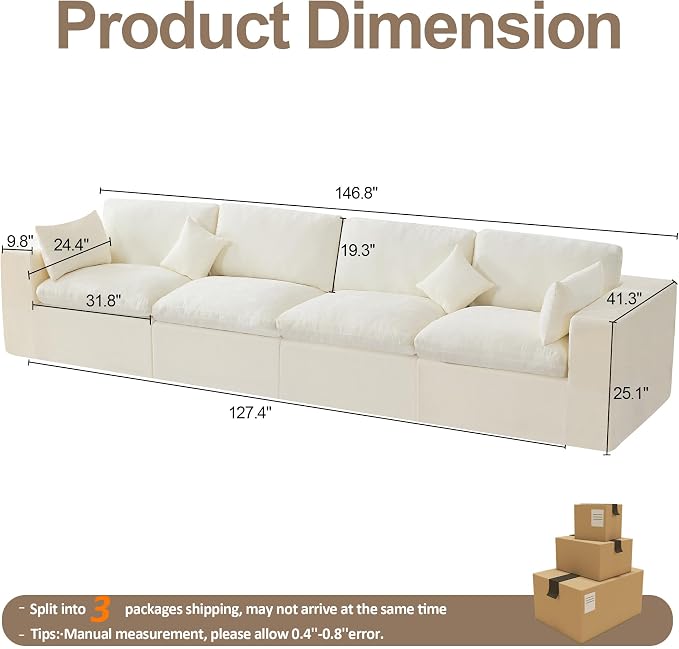 146''Cloud Boneless Sectional Couch, Modular Sectional Sofa Deep Seat, Oversized Upholstered Convertible Comfy 4 Seater Chenille Memory Foam Sofa Couches for Living Room, Beige